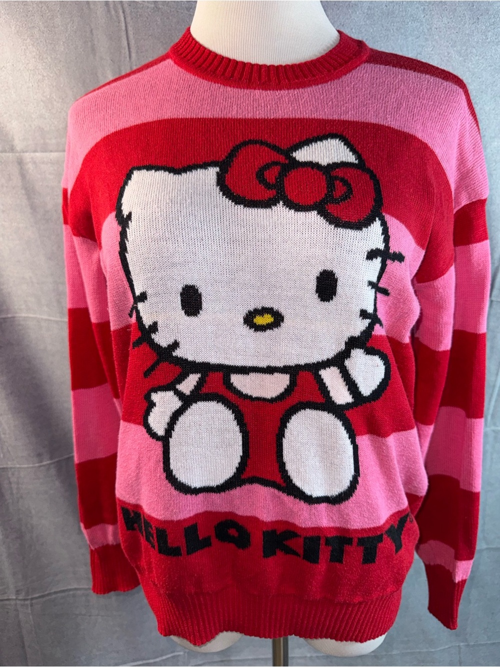 2163-Hello Kitty Red & Pink Striped Crewneck Sweater